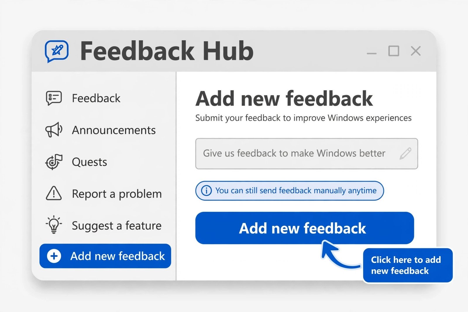 Diagram of the Feedback Hub app with the Add new feedback button highlighted