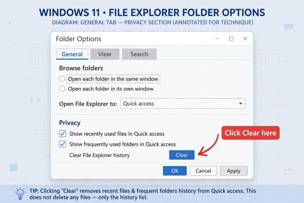 Folder Options General tab in Windows 11 with the Privacy section and the Clear File Explorer history button annotated