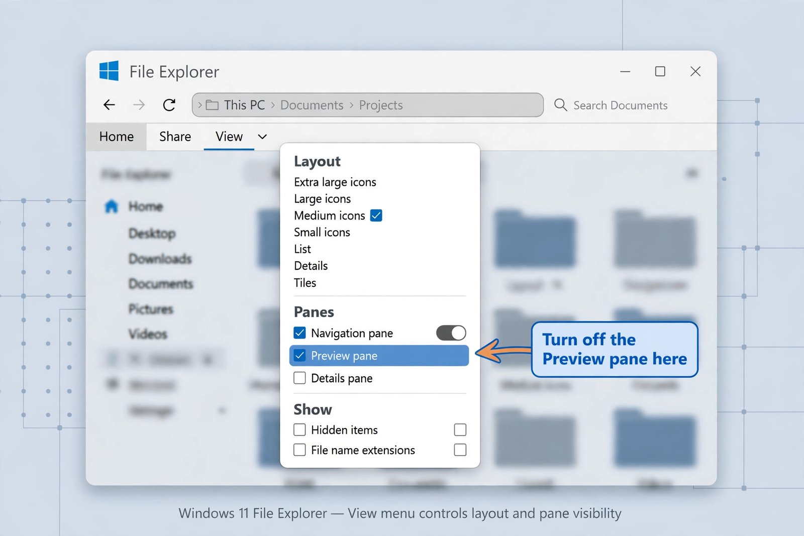 Windows 11 File Explorer View menu open, with the Preview pane toggle in the Panes section highlighted