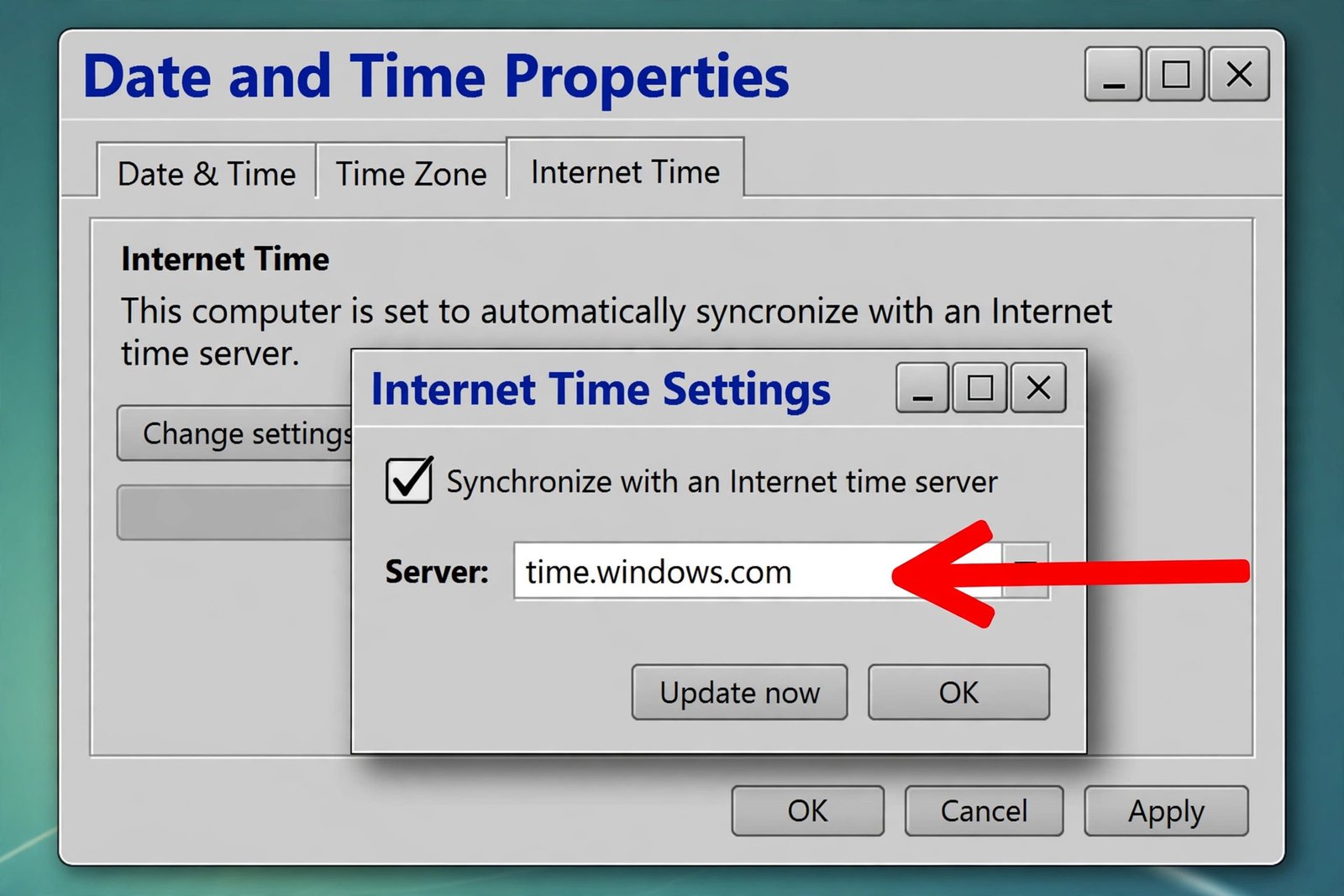 Classic Windows Date and Time dialog on the Internet Time tab with the Internet Time Settings box open and the Server dropdown annotated