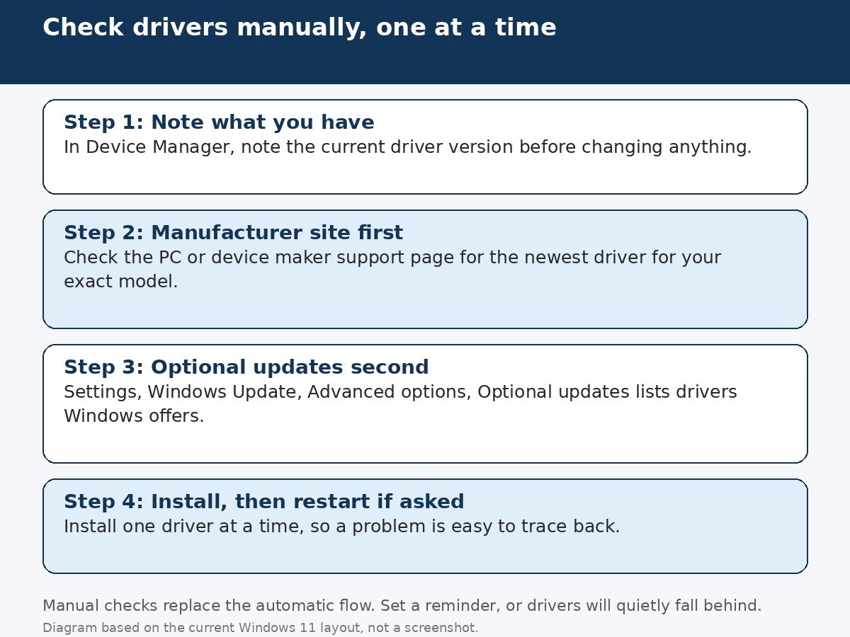 Diagram of the manual driver check routine: note the current driver version in Device Manager, check the manufacturer support site first, then Optional updates, then install one driver at a time