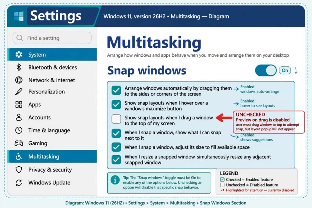 Diagram of the Windows 11 Multitasking settings page with the Snap windows section expanded and the drag-to-top checkbox unchecked