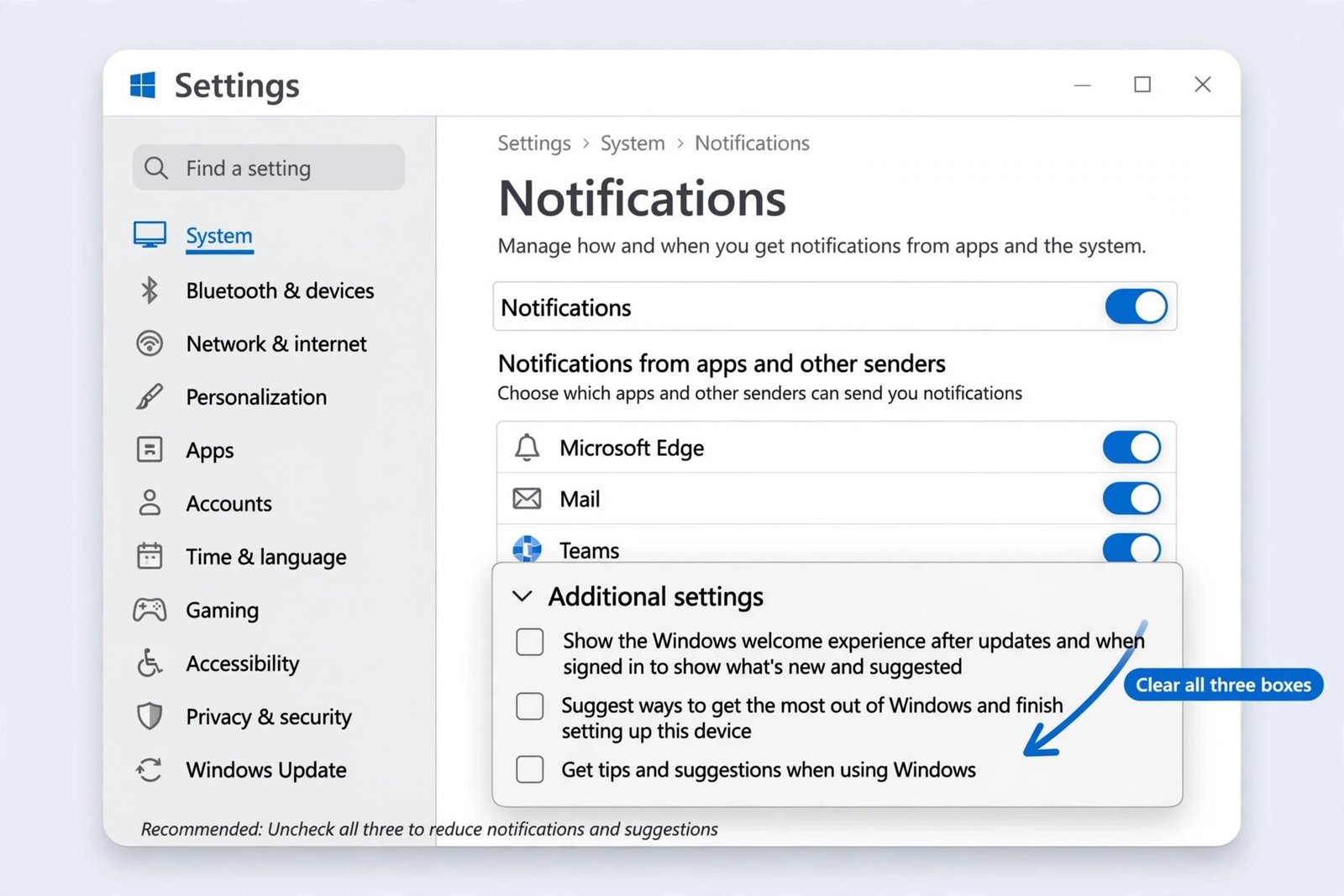 Diagram of the Additional settings checkboxes in Windows 11 Notifications settings, all cleared