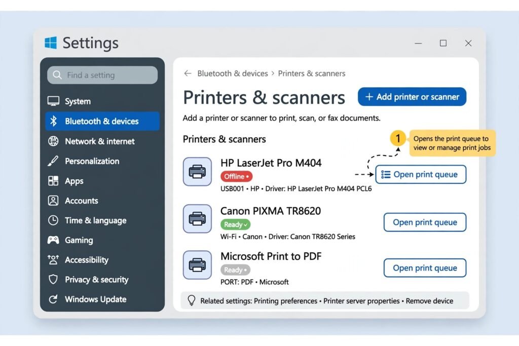 Diagram of the Printers and scanners list in Windows 11 Settings showing an HP printer with an Offline status badge
