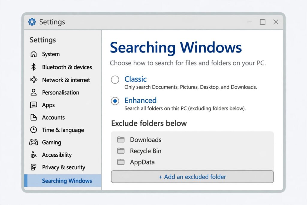 Windows 11 Searching Windows settings page with Classic and Enhanced options and Enhanced selected