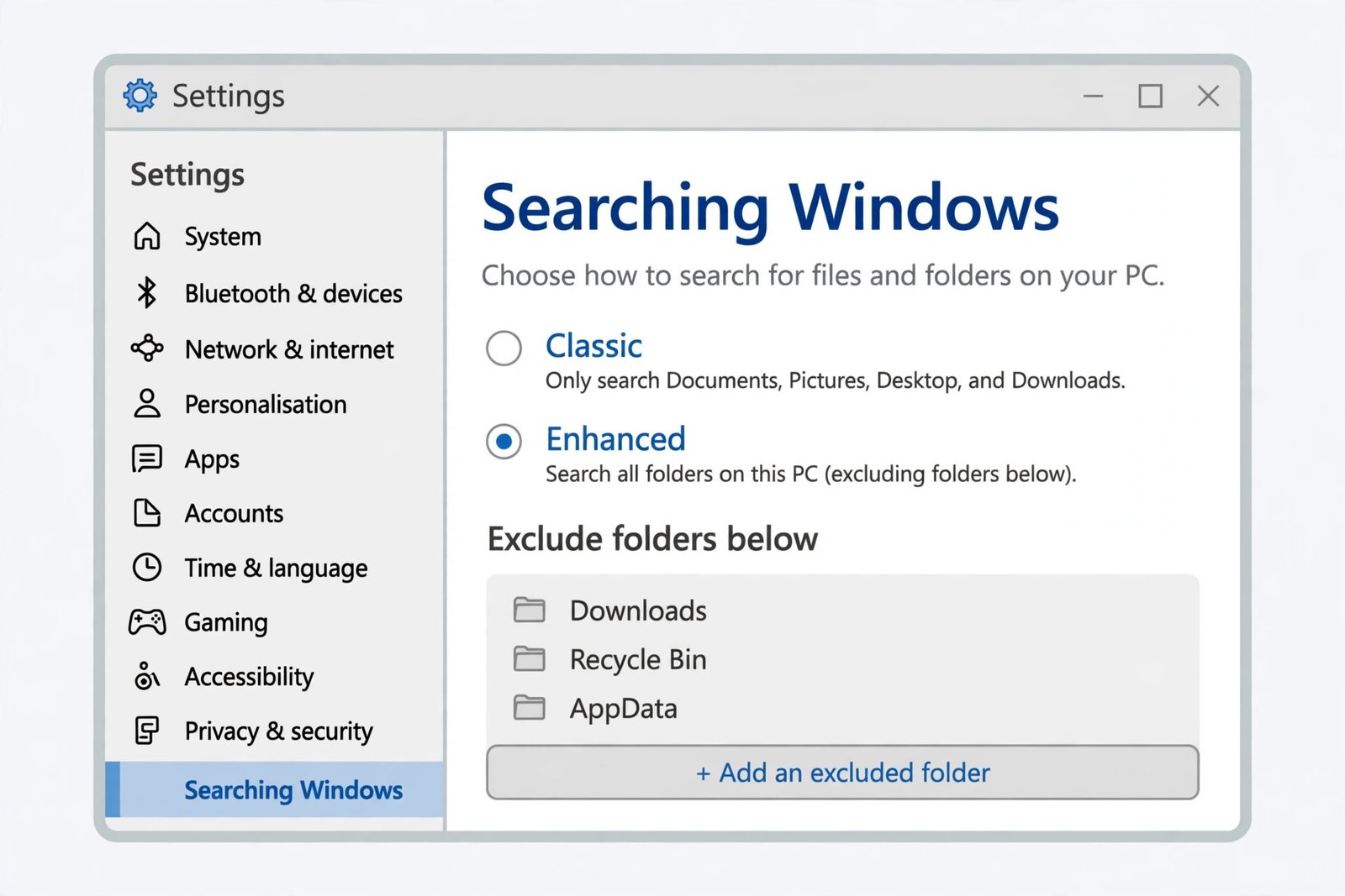 Windows 11 Searching Windows settings page with Classic and Enhanced options and Enhanced selected