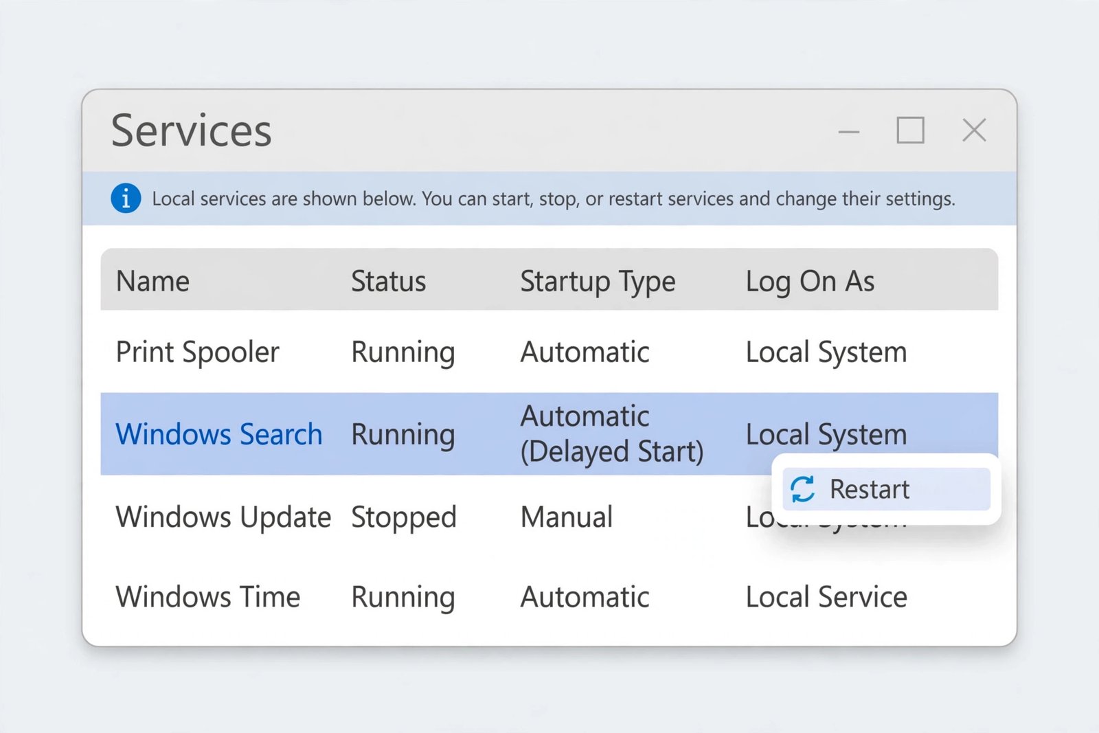 Windows Services window with the Windows Search service highlighted and Restart shown in its menu