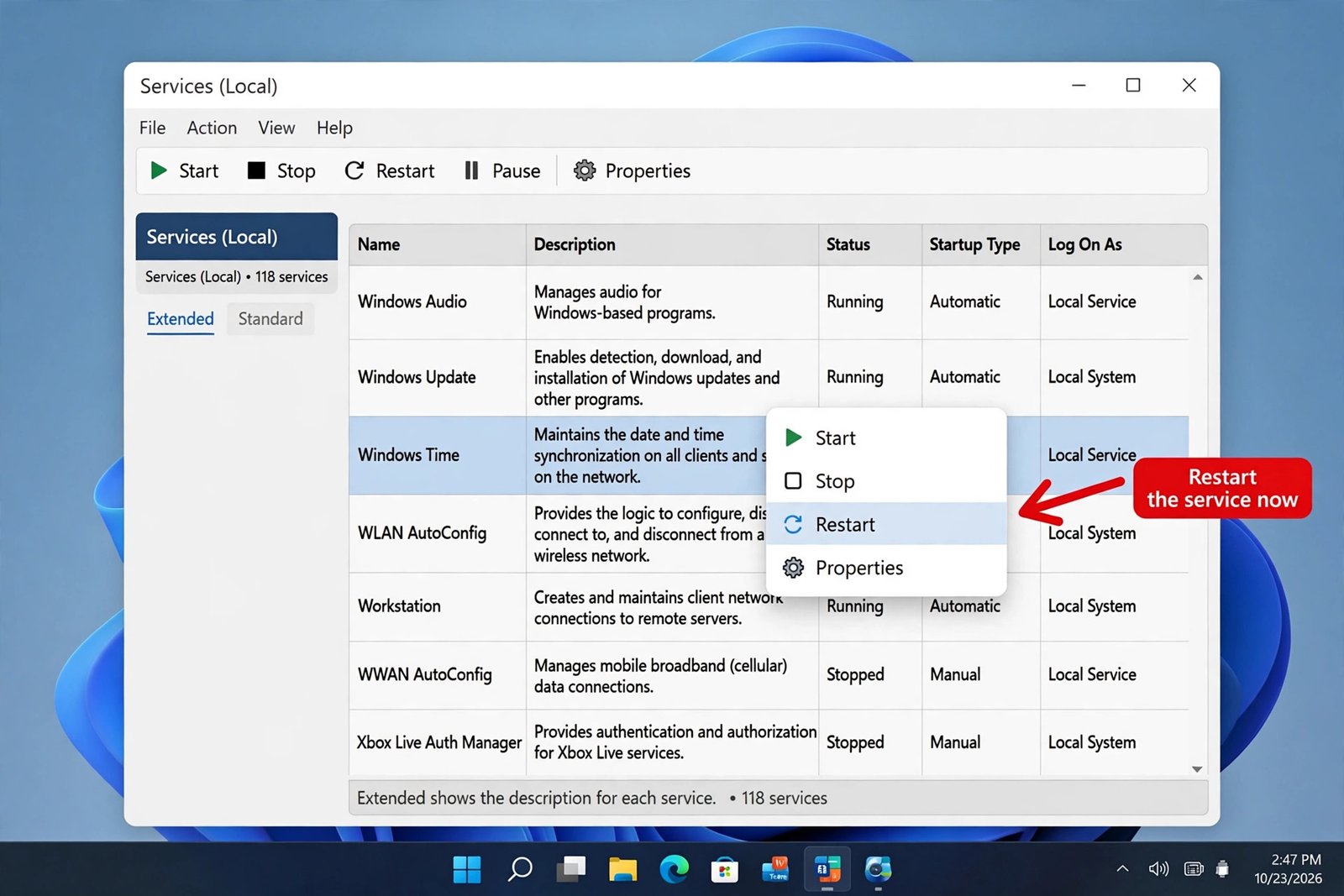 Windows Services window with the Windows Time service highlighted and the Restart option in its right-click menu annotated
