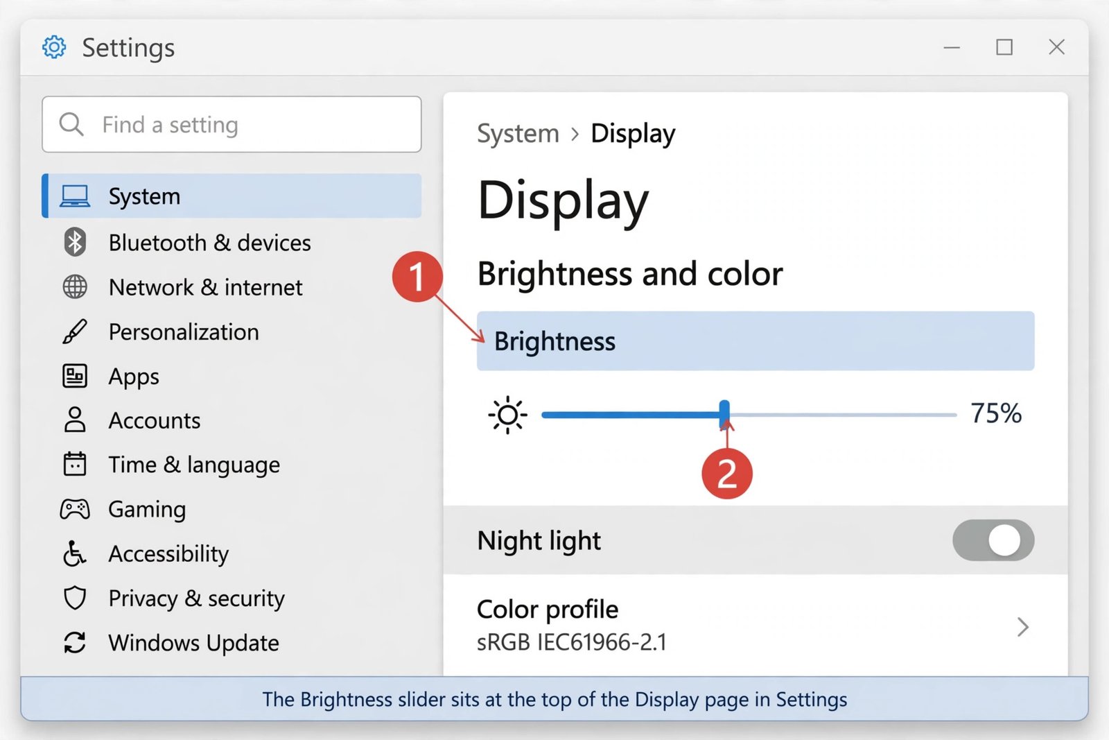 Windows 11 Settings open to System then Display, with the Brightness slider visible under Brightness and color