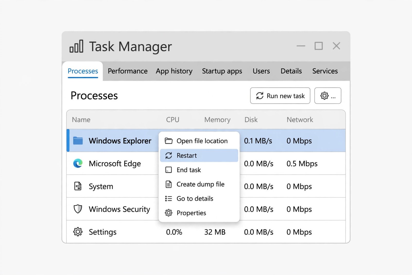 Windows Task Manager Processes list with Windows Explorer highlighted and Restart shown in its menu