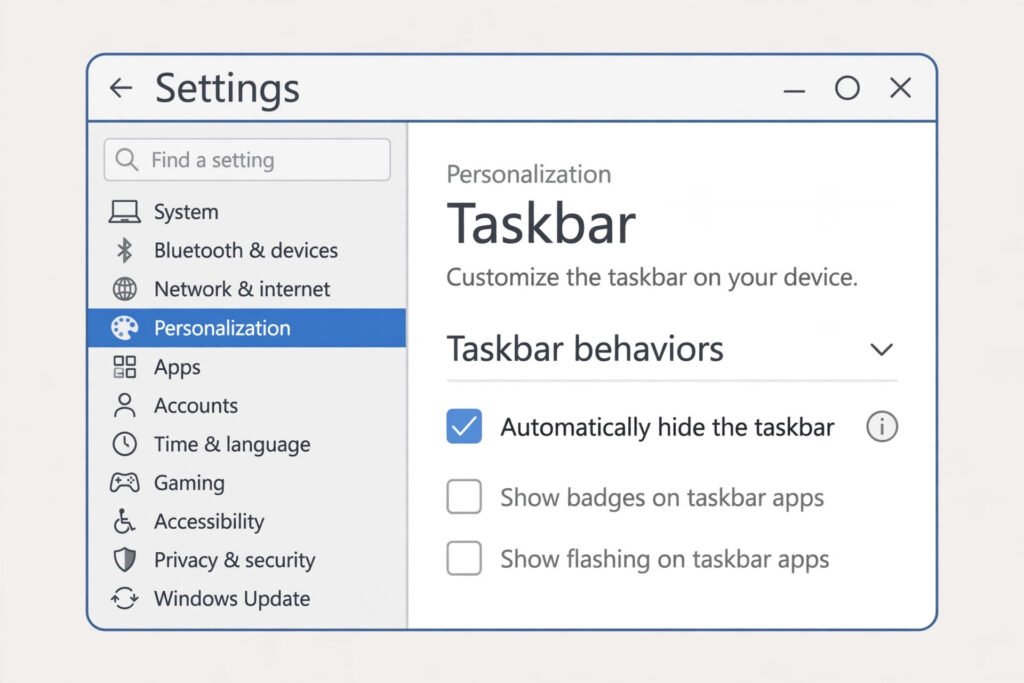 Windows 11 Taskbar settings page with Taskbar behaviors expanded and Automatically hide the taskbar checked