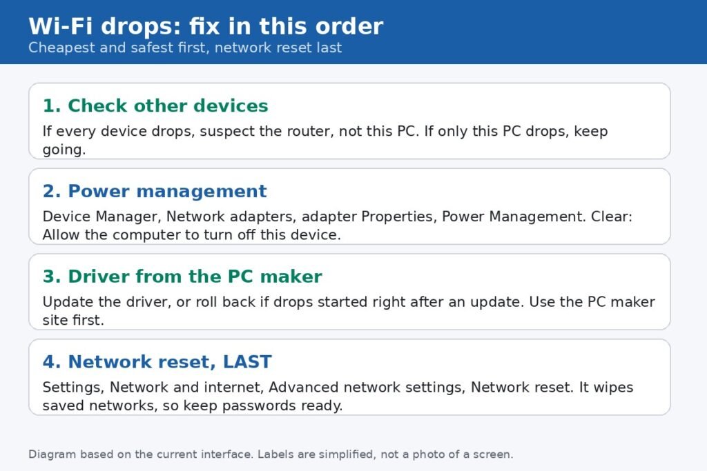 Diagram of the Wi-Fi diagnostic order: check other devices, power management, driver, then network reset last