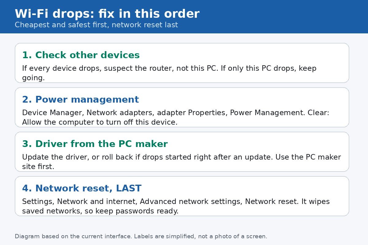 Diagram of the Wi-Fi diagnostic order: check other devices, power management, driver, then network reset last
