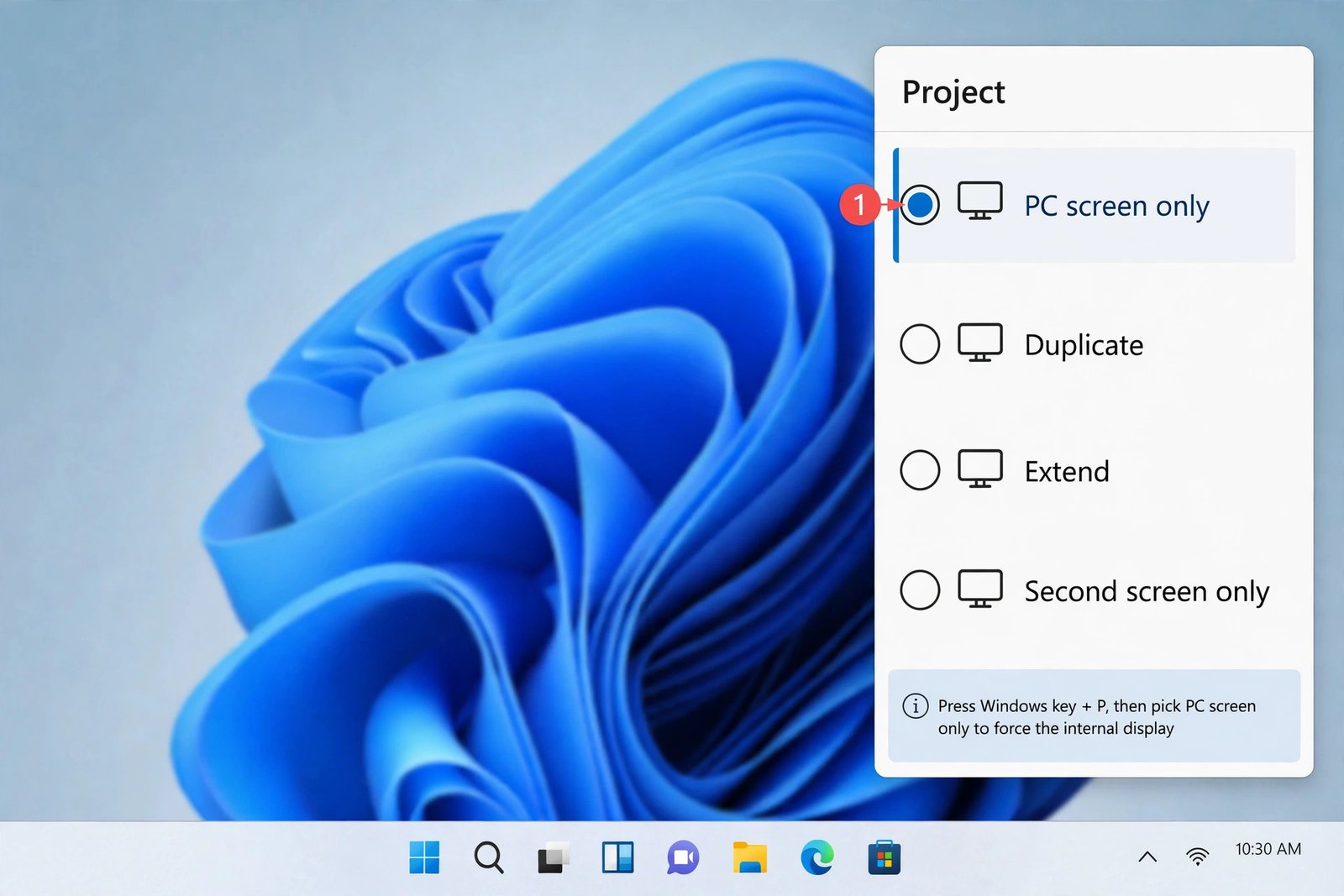 The Windows 11 Project pane opened with Win+P, showing the four display mode options with PC screen only selected