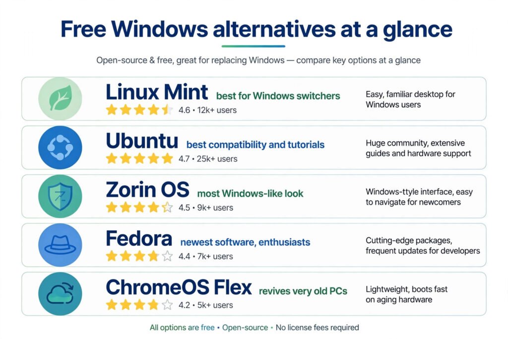 Infographic comparing five free Windows alternatives: Linux Mint, Ubuntu, Zorin OS, Fedora, and ChromeOS Flex with their strengths and star ratings