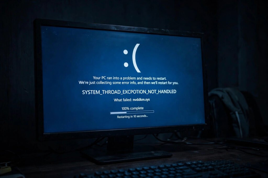 Windows blue screen of death displaying the SYSTEM_THREAD_EXCEPTION_NOT_HANDLED stop code