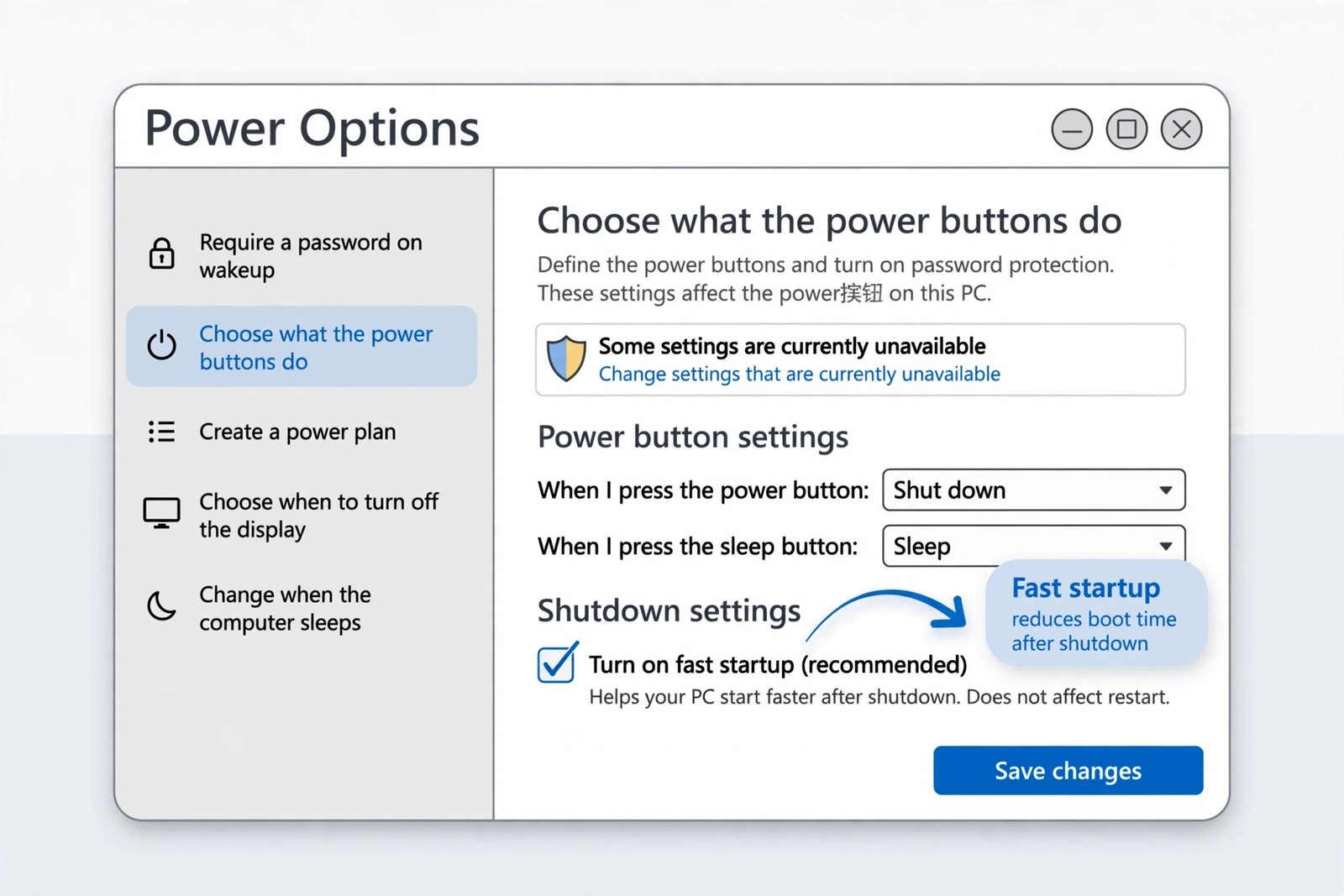 Power Options dialog with the Turn on fast startup checkbox highlighted