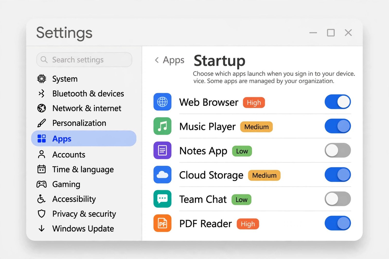 Windows 11 Settings Apps Startup page showing toggle switches for each startup app with impact ratings