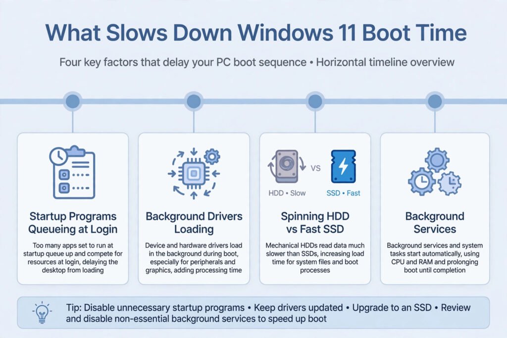 Diagram showing the four main causes of slow Windows 11 boot time: startup programs, background drivers, slow hard drive, and background services