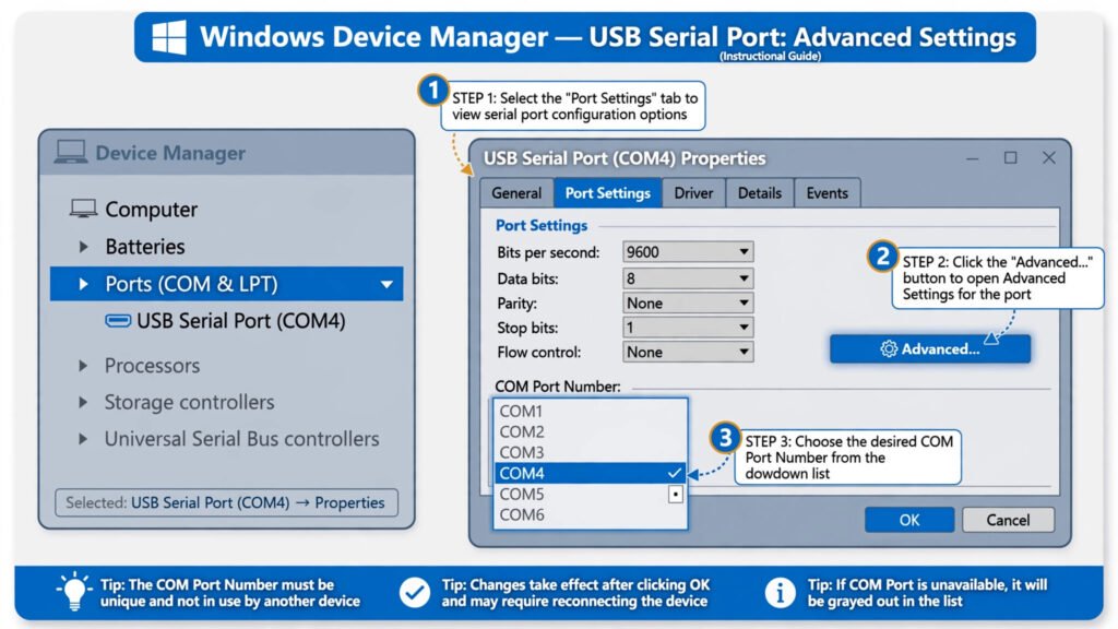 Device Manager Advanced Settings dialog showing the COM Port Number dropdown used to reassign a serial port