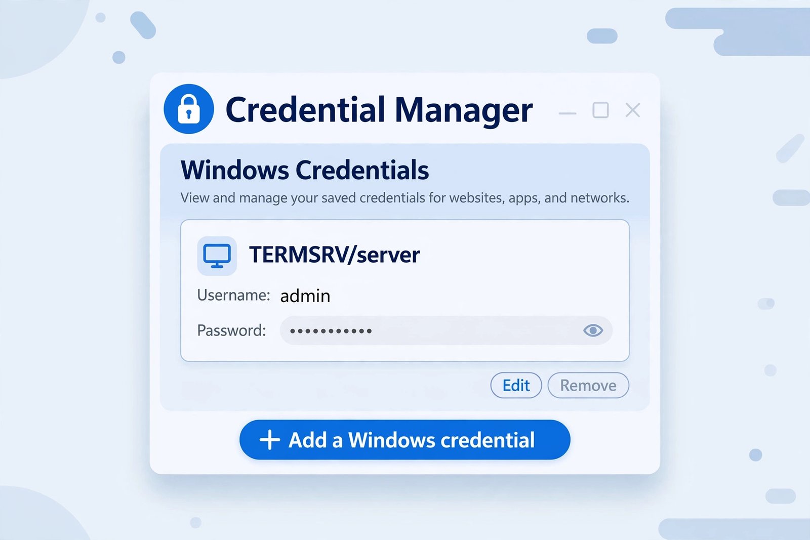 Illustration of Windows Credential Manager showing a saved Remote Desktop credential entry