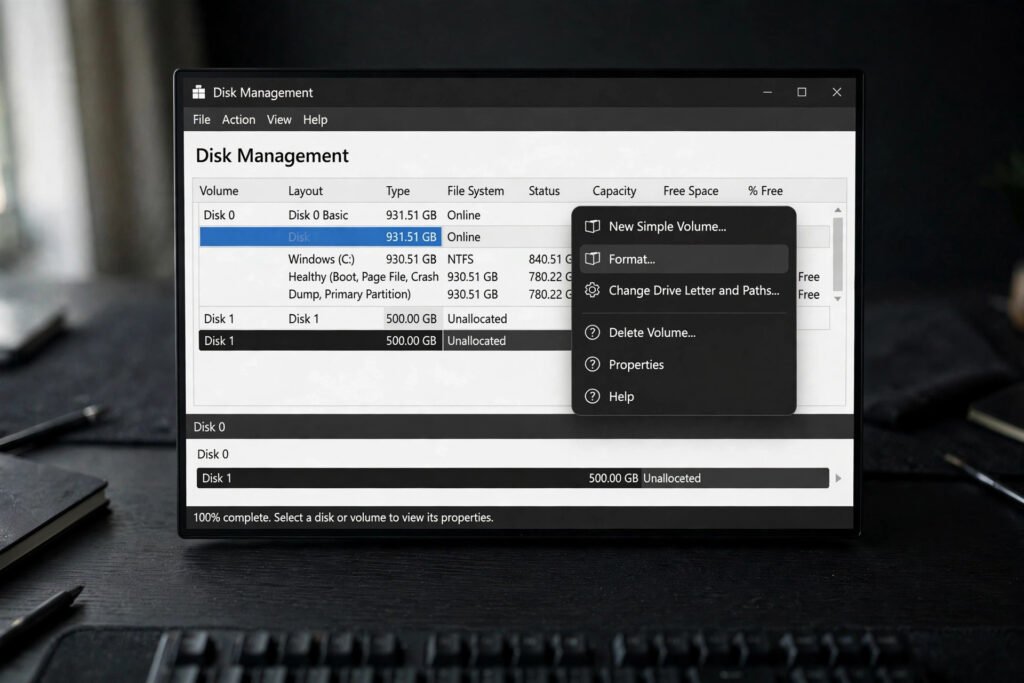Windows Disk Management showing format options for a new drive volume