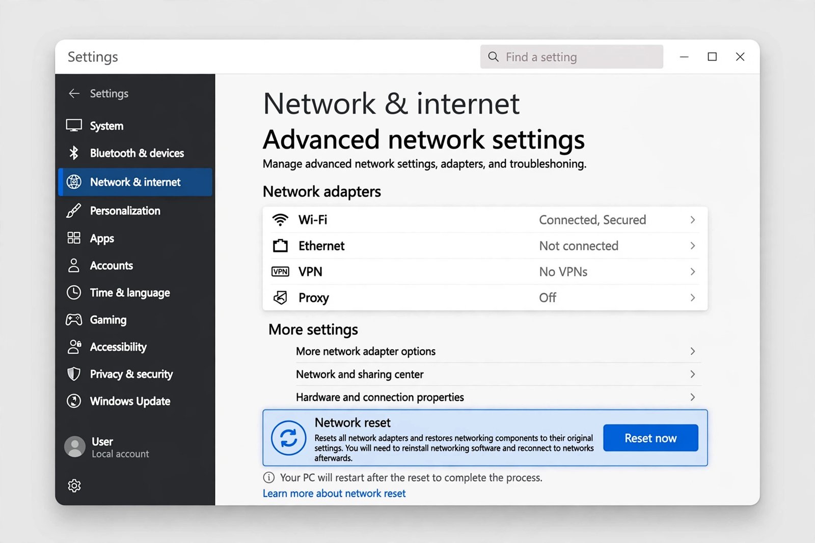 Windows 11 Settings showing Network and internet advanced network settings with the Network reset option highlighted