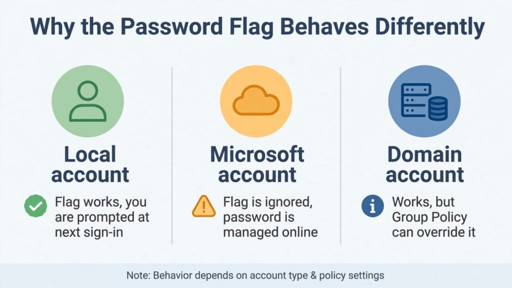Comparison of how the change password flag behaves on local, Microsoft and domain accounts