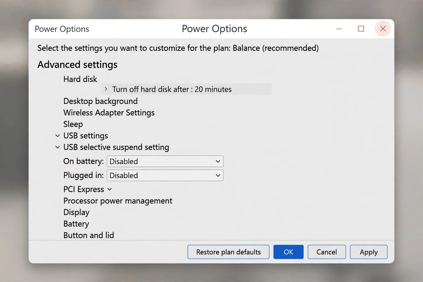 Windows Power Options advanced settings window with USB selective suspend setting expanded and set to disabled
