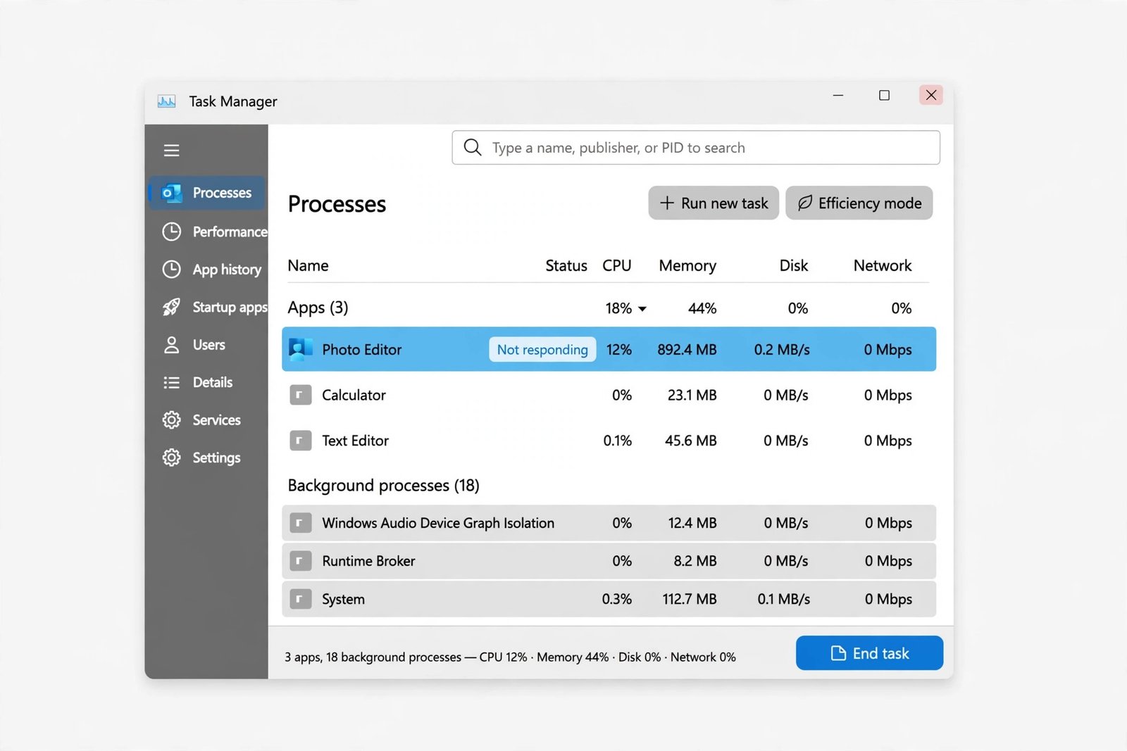 Windows Task Manager processes tab with a program selected and the End task button visible