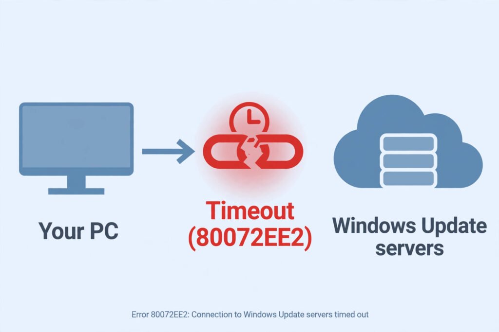 Diagram showing Windows Update timing out between a PC and Microsoft's update servers, which produces error 80072EE2