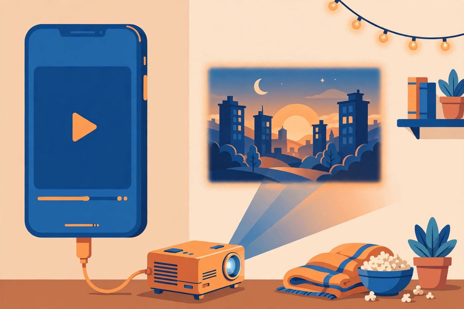 Illustration of a phone connected to a projector with a USB-C to HDMI cable