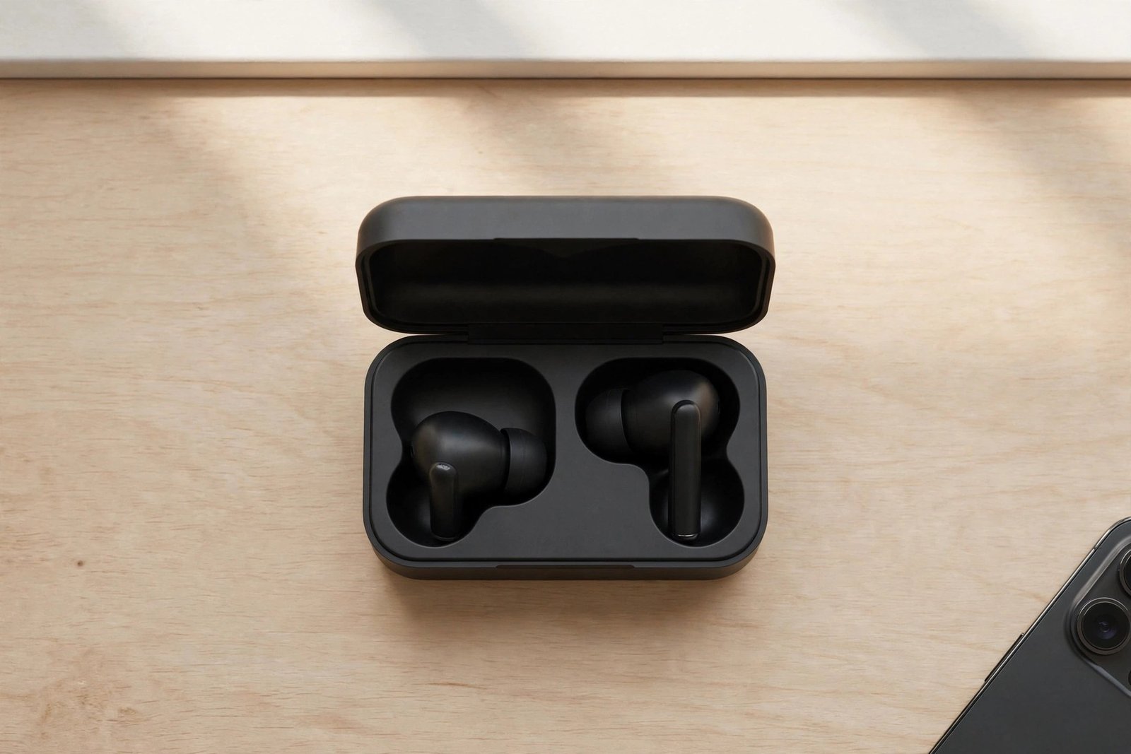 Premium wireless earbuds in an open charging case on a desk next to a phone