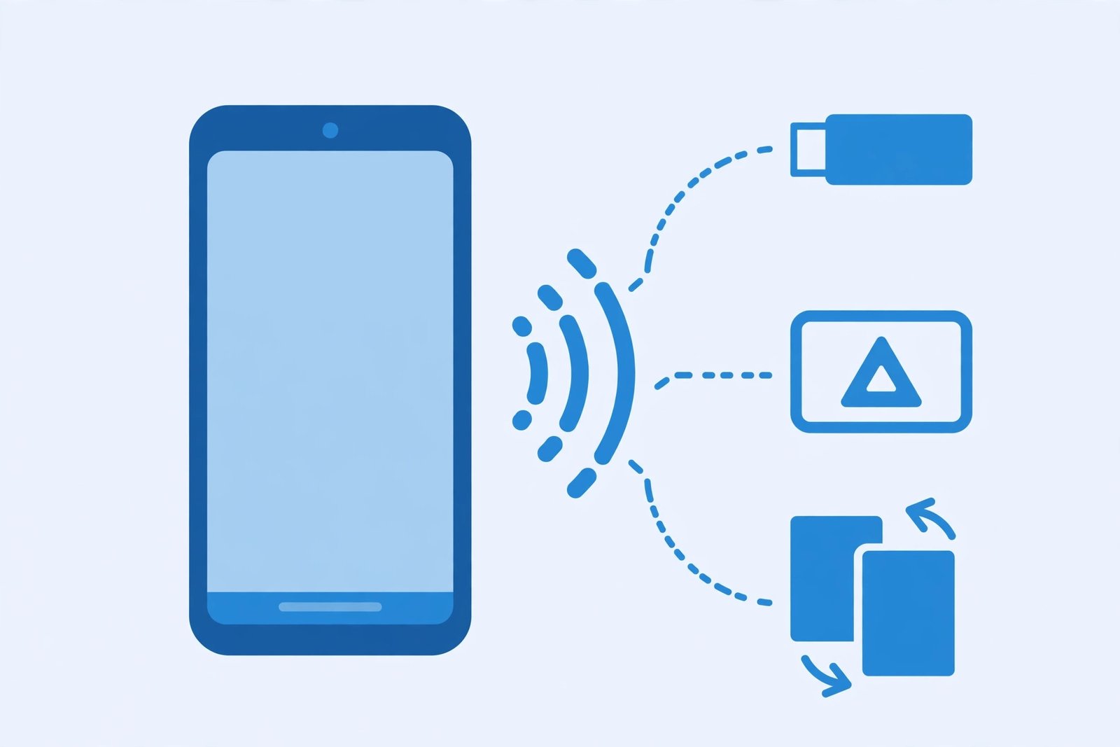 Illustration comparing wireless mirroring options from phone to projector: Chromecast, AirPlay, and Miracast