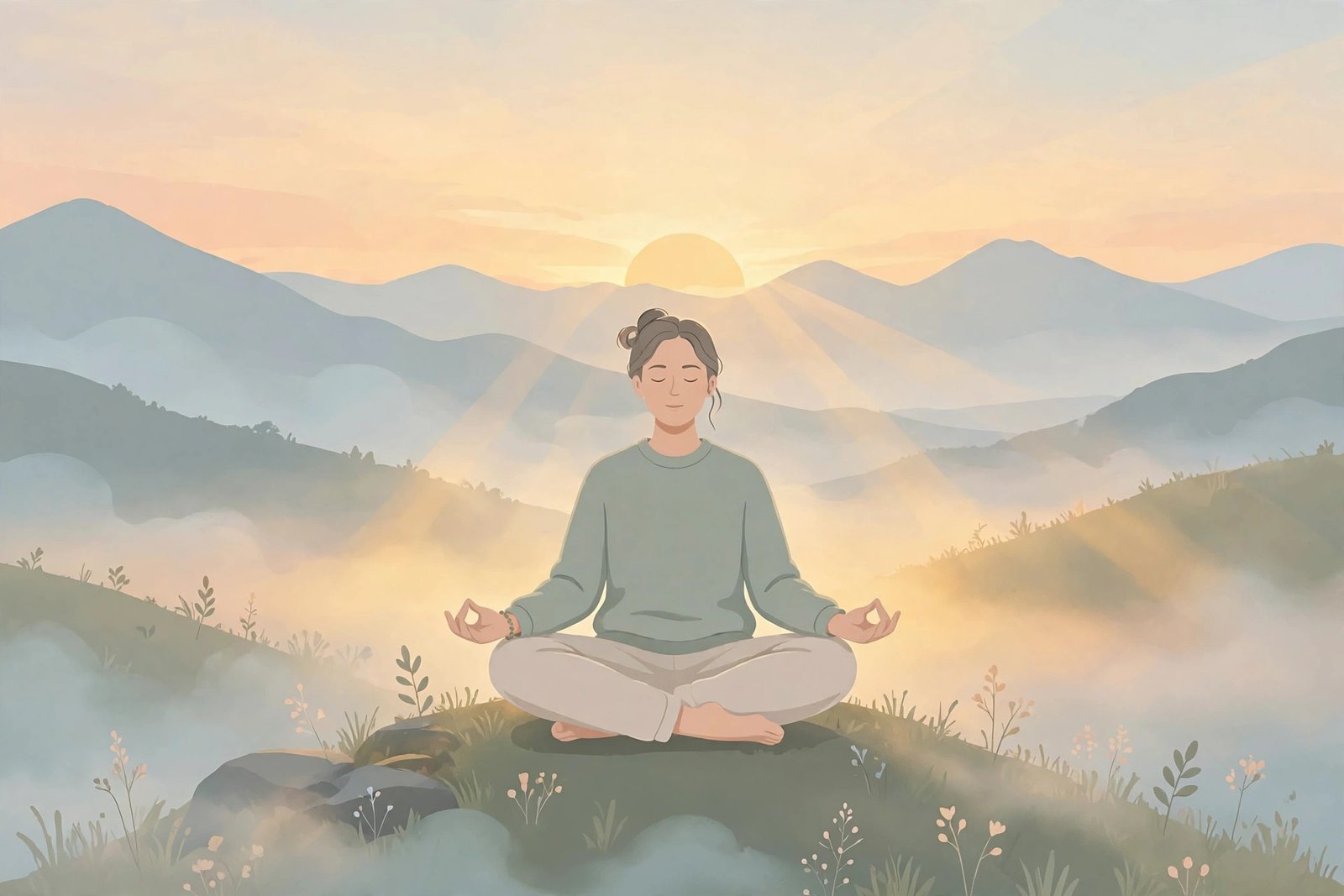 Person in a calm seated yoga breathing pose at sunrise